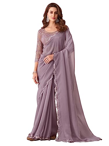 SIRIL Damen Sari, selbstgewebt, Spitze, Georgette-Sari mit ungenähter Bluse, Helles Pink, Einheitsgröße von SIRIL