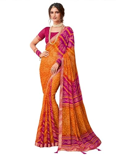 SIRIL Damen Spitze & Bandhani Bedruckter Chiffon Sari mit Bluse, Pink & Orange 1, Einheitsgröße von SIRIL