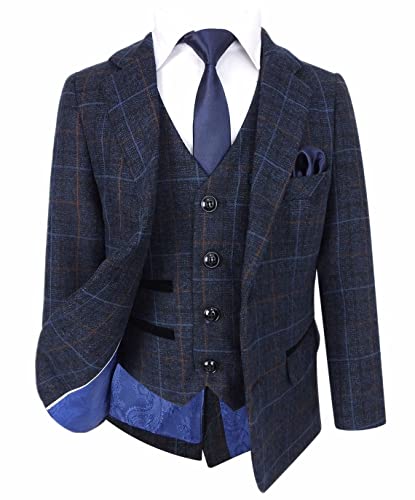 SIRRI 610, Tailored Fit Karierter Tweed-Retro-Anzug für Jungen, marineblaues Set, 3-teilig, Alter 11 Jahre von SIRRI