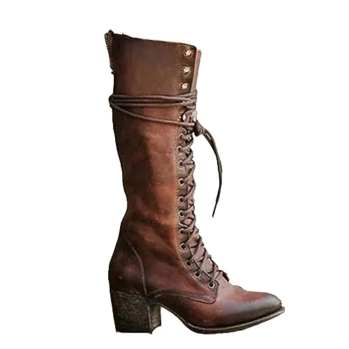 Mittelalterliche Cosplay Stiefel - PU Leder Stiefel High-Heeled Schuhe - Mittelalterliche Mid-Calf Stiefel Knie Länge Schnürsenkel Schuhe Festival LARP Schuhe für Cosplay,Braun,41 von SIULAS