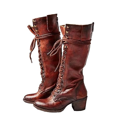 Mittelalterliche Cosplay Stiefel - PU Leder Stiefel High-Heeled Schuhe - Mittelalterliche Mid-Calf Stiefel Knie Länge Schnürsenkel Schuhe Festival LARP Schuhe für Cosplay,Rot,40 von SIULAS