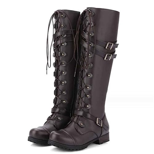 Mittelalterliche PU-Lederstiefel - Verstellbare Schnürschuhe für lange Reitstiefel - 1 Paar mittelalterliche Schuhe für Damen - Cosplay-Stiefel SCA LARP Reitkostüm Stiefel für Bühnenauftritte,Braun,40 von SIULAS