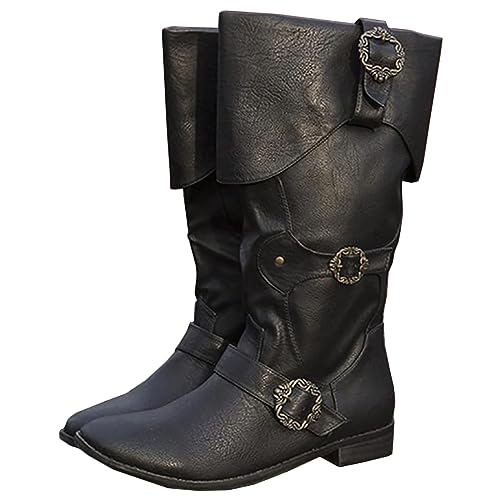 Mittelalterliche Ritterstiefel für Erwachsene Cosplay - Wikinger Retro Langschaft Leder Manschettenschuhe - PU Leder Stiefel Renaissance Plus Size Stiefel Schuhe mit Gürtelschnalle,Schwarz,37 von SIULAS