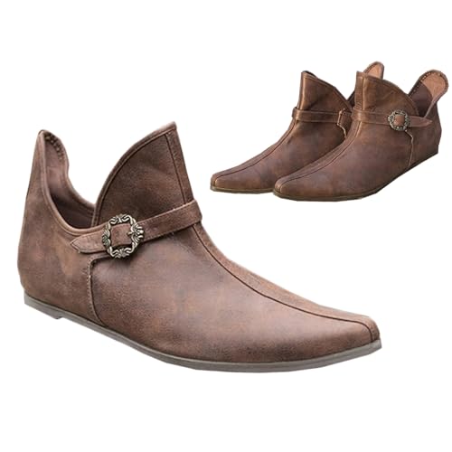 Mittelalterliche Stiefel Männer Frauen Kurze Stiefel PU Leder Flache Schuhe mit Verstellbaren Gürtelschnalle Retro Leder Stiefeletten für Männer Frauen,Braun,36 von SIULAS