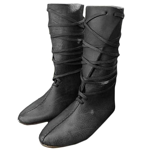 SIULAS Mittelalterliche PU-Leder-Ritterstiefel - Renaissance Wikinger-Kniestiefel Lederschuhe - Renaissance Cosplay Schnürschuhe mit flachem Boden für Cosplay Karnevalsparty,Schwarz,43 von SIULAS