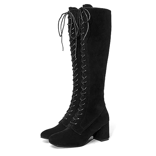 SIULAS Vintage Mittelalter Stiefel mit hohen Absätzen - Renaissance Mittelalterliche Cosplay Stiefel - Damen Retro Hohe Stiefel Knielange Schnürstiefel Festival Larp Schuhe für Cosplay,Schwarz,37 von SIULAS