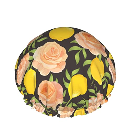 Duschhaube mit Zitronen- und Orange-Rosenblüten für Frauen, mehrlagig, elastisch, elastisches Band, Stretch-Saum, Haarhut von SJOAOAA