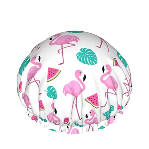 Flamingo-Duschhaube mit Wassermelone und tropischen Blättern für Frauen, Schichten, Baden, Dusche, wiederverwendbar, elastisches Band, Stretch-Saum, Haarhut von SJOAOAA