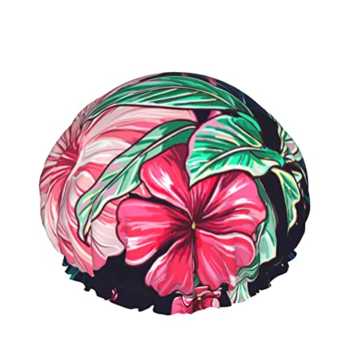 Flamingo-Palmblatt-Duschhaube für Frauen, Schichten, Baden, Dusche, wiederverwendbar, elastisches Band, Stretch-Saum, Haarhut von SJOAOAA