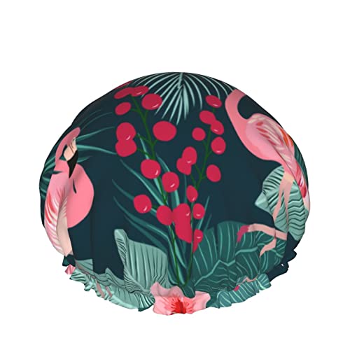 Flamingo-Palmblatt-Duschhaube für Frauen, Schichten, Baden, Dusche, wiederverwendbar, elastisches Band, Stretch-Saum, Haarhut von SJOAOAA