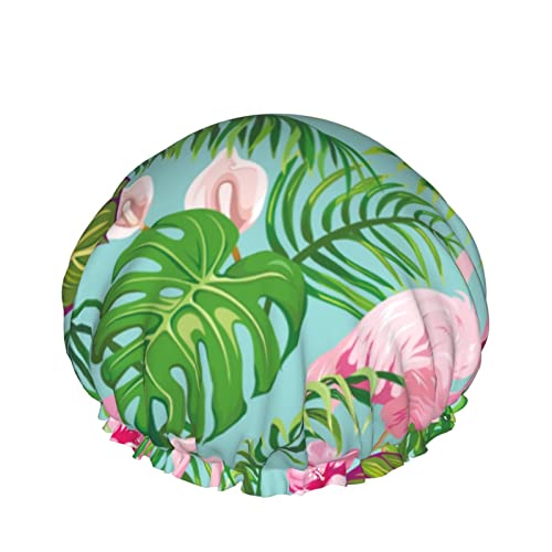 Flamingo-Palmblatt-Duschhaube für Frauen, Schichten, Baden, Dusche, wiederverwendbar, elastisches Band, Stretch-Saum, Haarhut von SJOAOAA