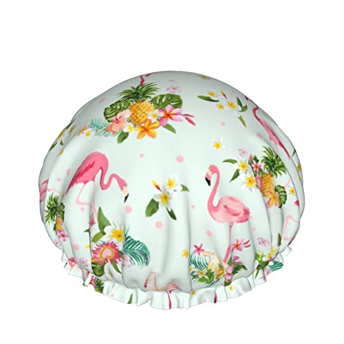 Flamingo-Vogel und tropische Blumen, Duschhaube für Frauen, Schichten, Baden, Dusche, wiederverwendbar, elastisches Band, Stretch-Saum, Haarhut von SJOAOAA