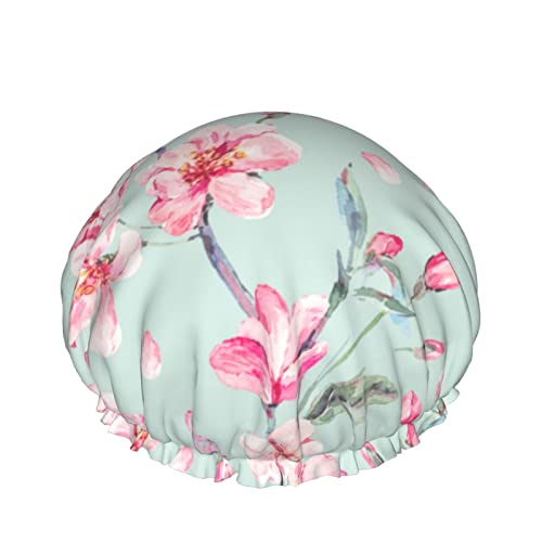 Frühling Rosa Blume Duschhaube Für Frauen, Schichten Baden Dusche Wiederverwendbare Elastische Band Stretch Hem Haar Hut von SJOAOAA