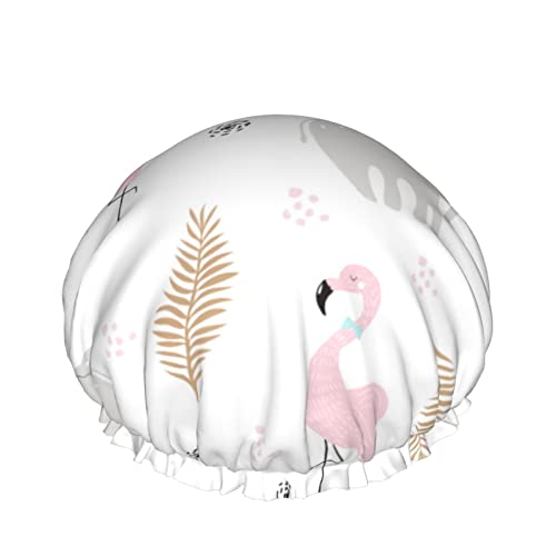 Goldene tropische Blätter und niedliche Flamingo-Duschhaube für Frauen, Schichten, Baden, Dusche, wiederverwendbar, elastisches Band, Stretch-Saum, Haarhut von SJOAOAA