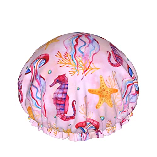 Jellyfish Seepferdchen, Seestern, Rosa, Duschhaube für Frauen, Schichten, Baden, Dusche, wiederverwendbar, elastisches Band, Stretch-Saum, Haarhut von SJOAOAA