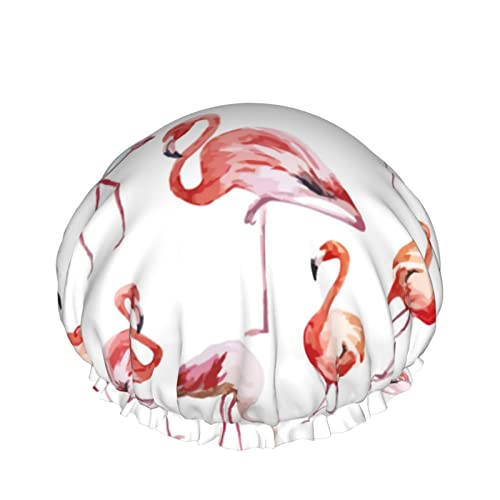 Niedliche Flamingo-Duschhaube für Frauen, Schichten, Baden, Dusche, wiederverwendbar, elastisches Band, Stretch-Saum, Haarhut von SJOAOAA