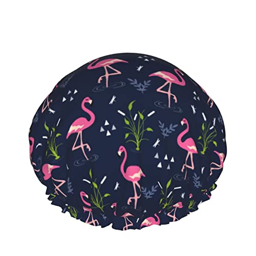 Niedliche Flamingo-Duschhaube für Frauen, Schichten, Baden, Dusche, wiederverwendbar, elastisches Band, Stretch-Saum, Haarhut von SJOAOAA