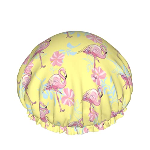 Niedliche rosa Flamingo-Duschhaube für Frauen, Schichten, Baden, Dusche, wiederverwendbar, elastisches Band, Stretch-Saum, Haarhut von SJOAOAA