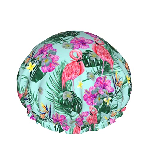 Paradiesvogel Blume mit rosa Flamingo-Duschhaube für Frauen, Schichten, Baden, Dusche, wiederverwendbar, elastisches Band, Stretch-Saum, Haarhut von SJOAOAA