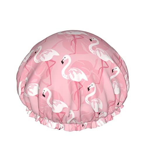 Pinker Flamingo-Duschhaube für Frauen, Schichten, Baden, Dusche, wiederverwendbar, elastisches Band, Stretch-Saum, Haarhut von SJOAOAA