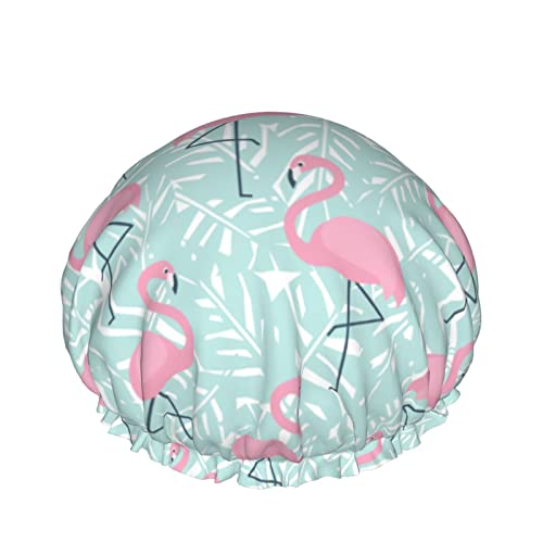 Rosa Flamingo und Mintgrün Palmblätter Duschhaube für Frauen, Schichten Baden Dusche Wiederverwendbares Gummiband Stretch Hem Haar Hut von SJOAOAA