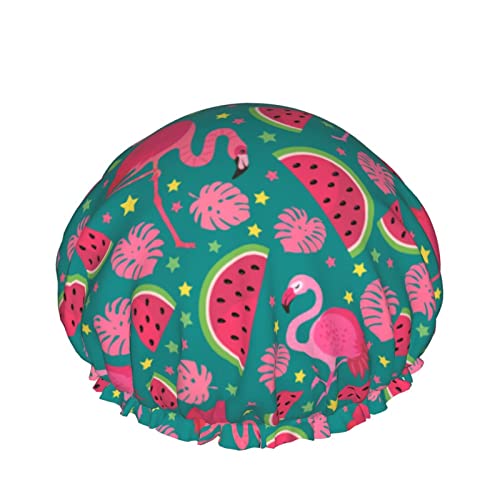 Rosa Flamingo und Wassermelone Duschhaube für Frauen, Schichten, Baden, Dusche, wiederverwendbar, elastisches Band, Stretch-Saum, Haarhut von SJOAOAA