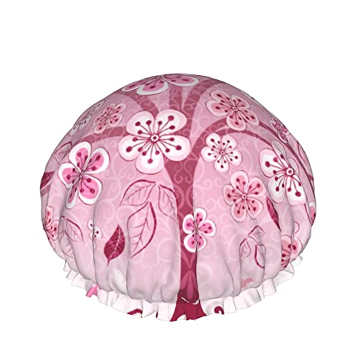 Rosa Frühlingsbaum mit Blume Duschhaube für Frauen, Schichten Baden Dusche Wiederverwendbare Gummiband Stretch Hem Haar Hut von SJOAOAA