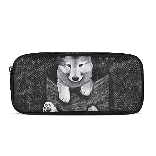 SJOAOAA Federmäppchen für Jungen, personalisierbar, für Grundschule, Schüler, Stiftehalter, Mädchen, Erwachsene, modisch, weißer Wolf-Druck, Jeans-Tasche Dog-Gre, Einheitsgröße, Taschen-Organizer von SJOAOAA