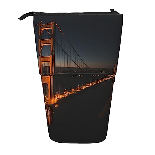 SJOAOAA Golden Gate Bridge Bedrucktes Federmäppchen Stand Up Pencil Pouch Teleskop Stifthalter Fall Schreibwaren Organizer Make-up-Tasche mit Reißverschluss, goldfarben, Einheitsgröße, Stehendes von SJOAOAA