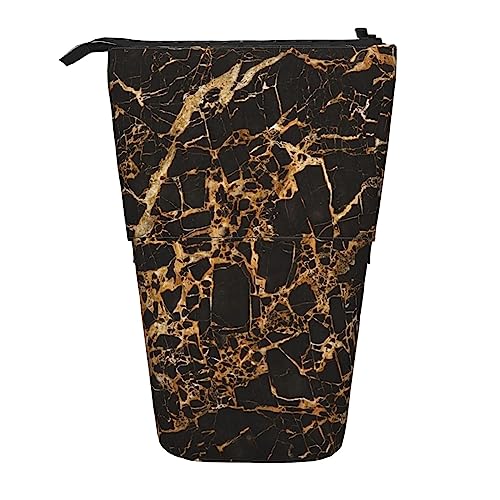 SJOAOAA Golden Marble Printed Pencil Case Stand Up Pencil Pouch Telescopic Pencil Holder Case Stationery Organizer Makeup Bag with Zipper Closure, goldfarben, Einheitsgröße, Stehendes Federmäppchen von SJOAOAA