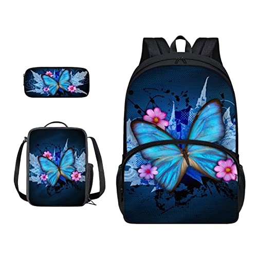 SJOAOAA Schüler-Rucksack mit Lunchtasche für Schule, Büchertaschen, Federmäppchen, Kinder, Schulranzen-Set 3-in-1, Junior-Tasche, Wanderrucksack, Blue Butterfly Flowe, Einheitsgröße, Taschen-Organizer von SJOAOAA