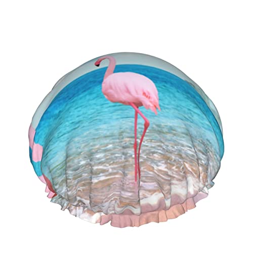 Schöne Sandstrand mit rosa Flamingo-Duschhaube für Frauen, Schichten, Baden, Dusche, wiederverwendbar, elastisches Band, Stretch-Saum, Haarhut von SJOAOAA