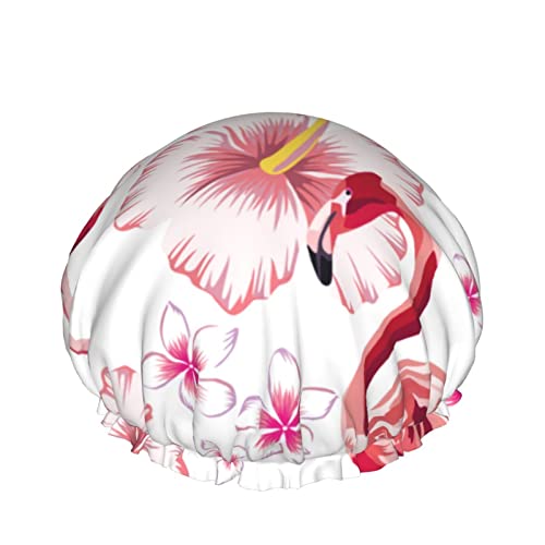 Schöne rosa Flamingo und tropische Hibiskus Duschhaube für Frauen, Schichten Baden Dusche Wiederverwendbare Gummiband Stretch Hem Haar Hut von SJOAOAA