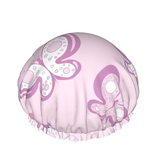 Schöne rosa Schmetterlinge Duschhaube für Frauen, Schichten, Baden, Dusche, wiederverwendbar, elastisches Band, Stretch-Saum, Haarhut von SJOAOAA