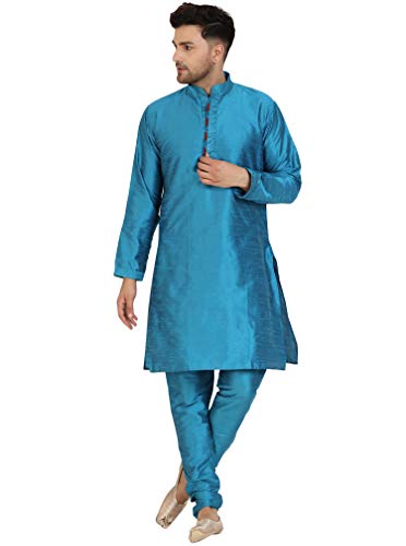 SKAVIJ Herren Art Silk Kurta Pyjama Indischer traditioneller Anzug Festliche Jahreszeit Kleid Set (Türkis, S) von SKAVIJ