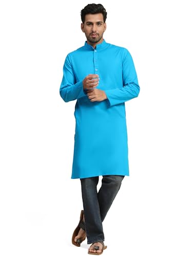 SKAVIJ Herren Baumwolle Kurta Langarm Beiläufig Tunika (Türkis, M) von SKAVIJ