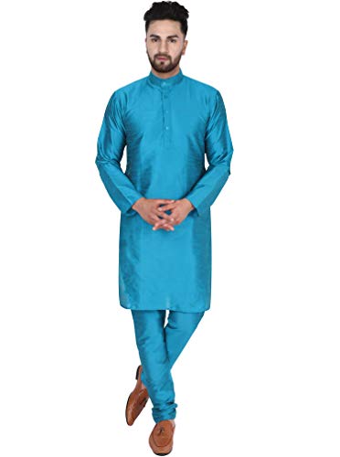 SKAVIJ Herren Dupion Art Seide Kurta Pyjama Set Partei Tragen Ethnisch Outfit Kleid (Türkis, L) von SKAVIJ