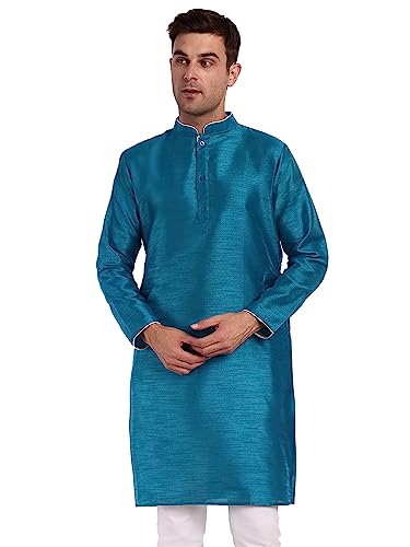 SKAVIJ Herren Indische Seide Tunika Kurta Ethnischen Verschleiß Lange Hemd Türkis XL von SKAVIJ