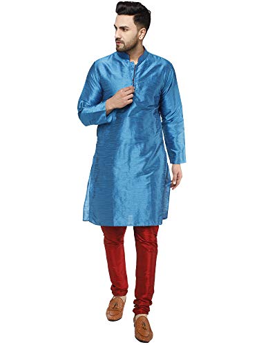 SKAVIJ Herren Indisches Kurta-Pyjama-Set Kunstseide Outfit lässig reguläre Passform (Türkis, S) von SKAVIJ