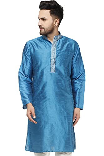 SKAVIJ Herren Kunst Seide Kurta Hochzeit Party Lässiges Langes Hemd Kleid (Mittel, Türkis) von SKAVIJ