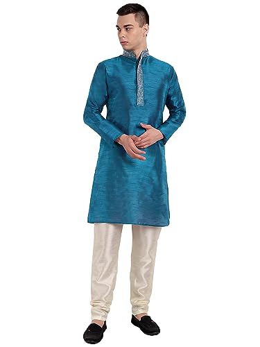 SKAVIJ Herren Kunstseide Kurta Pyjama Hochzeit Party Kleid (Türkis, L) von SKAVIJ