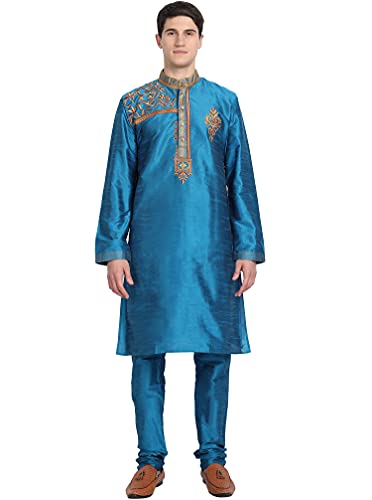 SKAVIJ Herren-Kurta-Pyjama-Set Indische Tunika Kunst Seide Partykleid Outfit (Groß, Türkis) von SKAVIJ