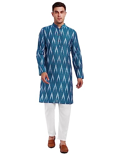 SKAVIJ Herren-Kurta-Pyjama-Set aus 100% Baumwolle, indisches Ethno-Henley-Hemd, Lange Ärmel, Freizeithose, Yoga-Outfits (Turkis, Medium) von SKAVIJ