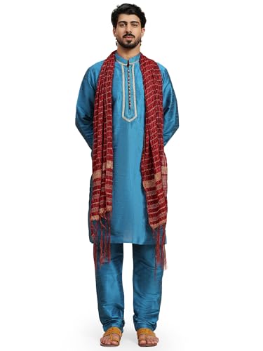 SKAVIJ Herren Kurta Pyjama und Stola Indische Ethnisch Outfit Set (Türkis, L) von SKAVIJ