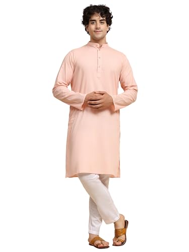 SKAVIJ Herren Tunika Baumwolle Kurta Schlafanzug indisch Yoga Zwanglos Kleid Satz (Rosa, M) von SKAVIJ