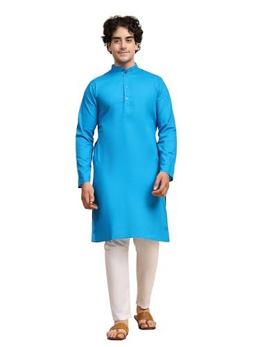 SKAVIJ Herren Tunika Baumwolle Kurta Schlafanzug indisch Yoga Zwanglos Kleid Satz (Türkis, M) von SKAVIJ