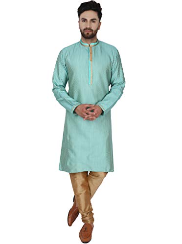 SKAVIJ Herren Tunika Jacquardseide Kurta Pyjama Set Party Kleid (XL, Türkis) von SKAVIJ