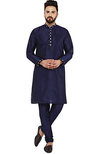 SKAVIJ Herren Tunika Kunst Seide Kurta-Pyjama-Set ethnisch indische Kleidung Anzug (Blau, XL) von SKAVIJ