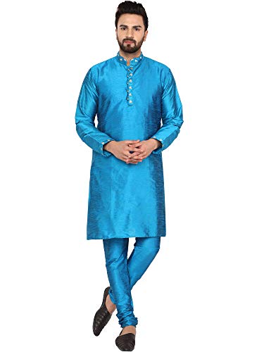 SKAVIJ Herren Tunika Kunst Seide Kurta-Pyjama-Set ethnisch indische Kleidung Anzug (Türkis, S) von SKAVIJ