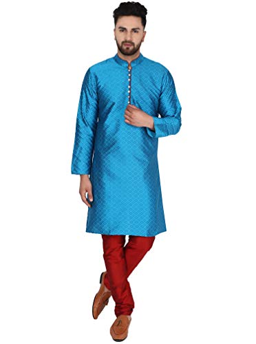 SKAVIJ Herren Tunika Kurta Pyjama Kariert Party Bekleidung Kleid (Türkis, XL) von SKAVIJ